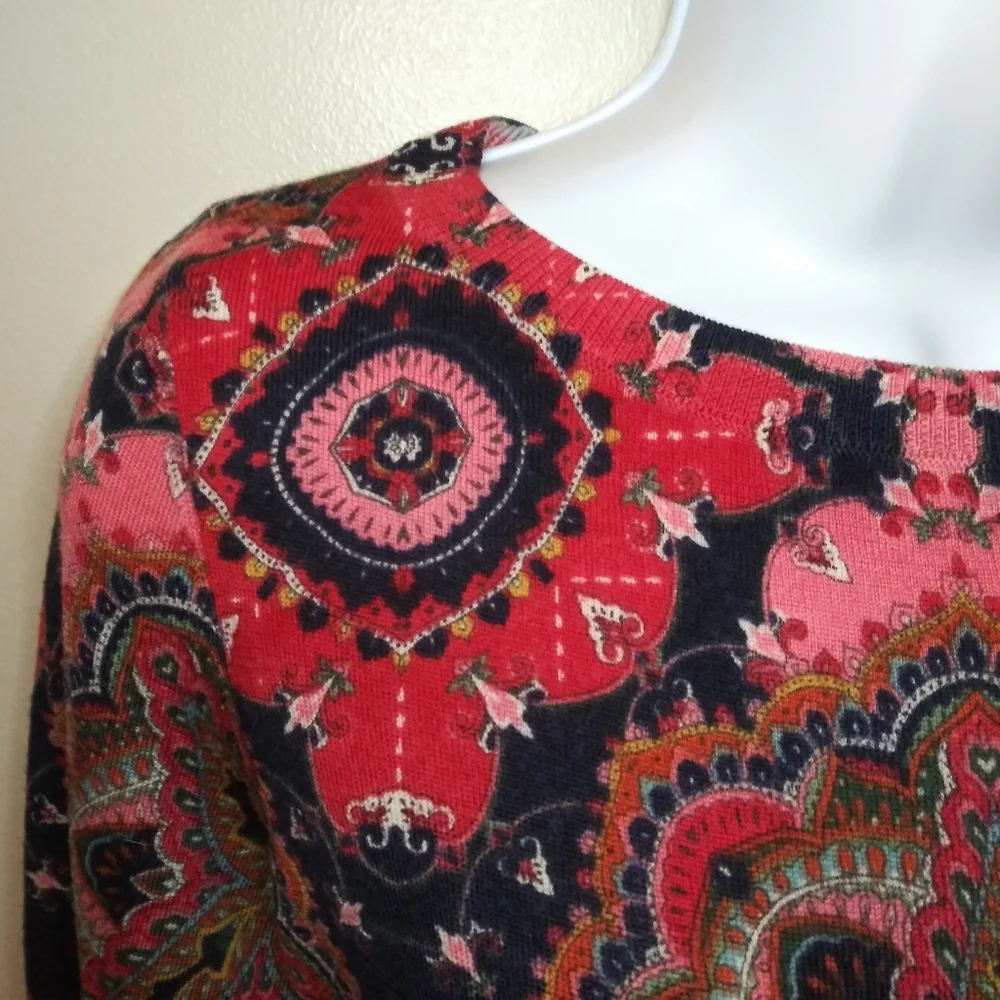 LAST CHANCE-Talbots Pink-Multi Morrocan Tile Patterned Merino Wool Sweater - Picture 4 of 8